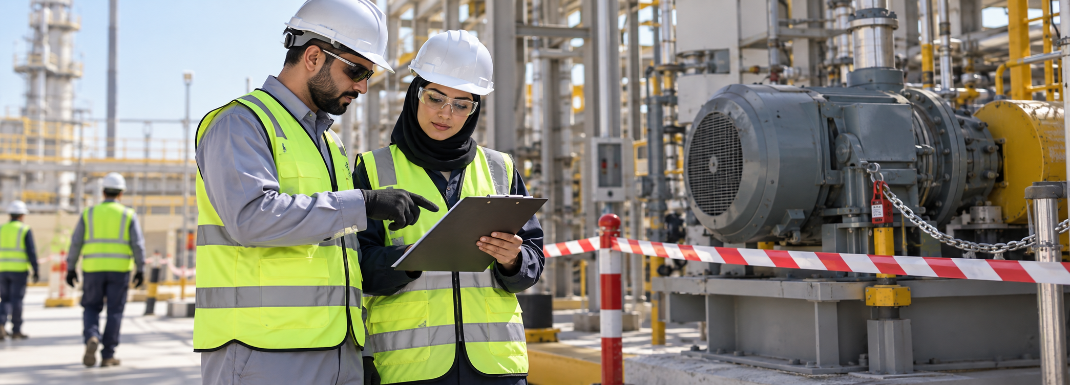 مهندس ومشرف سلامة يتحققان من مستند بجوار معدات صناعية معزولة
