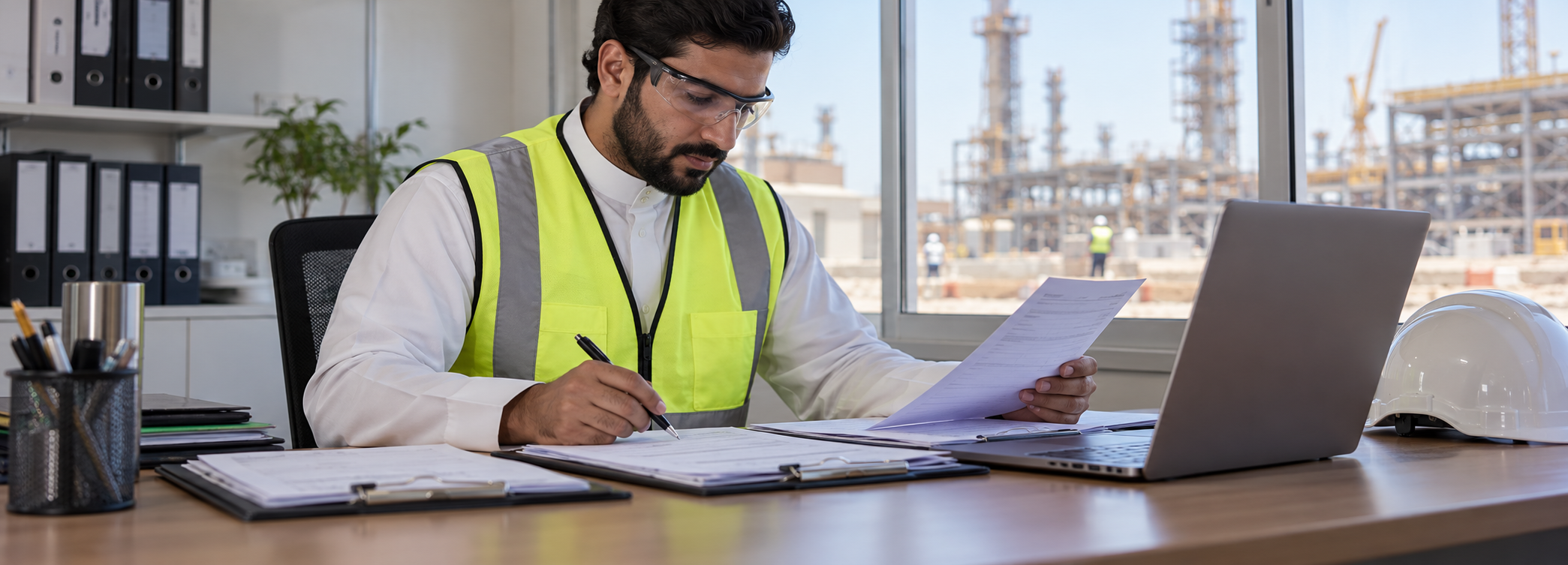 Safety coordinator comparing a paper checklist with a laptop in a site office