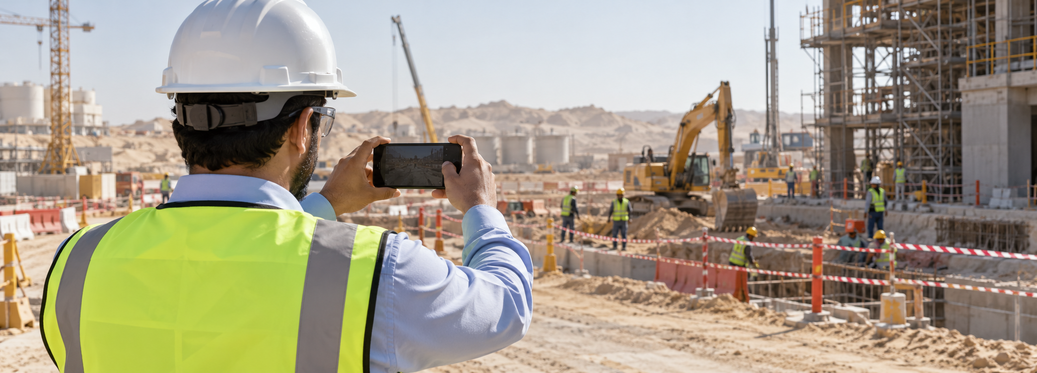 Safety officer photographing a cordoned construction area with a smartphone